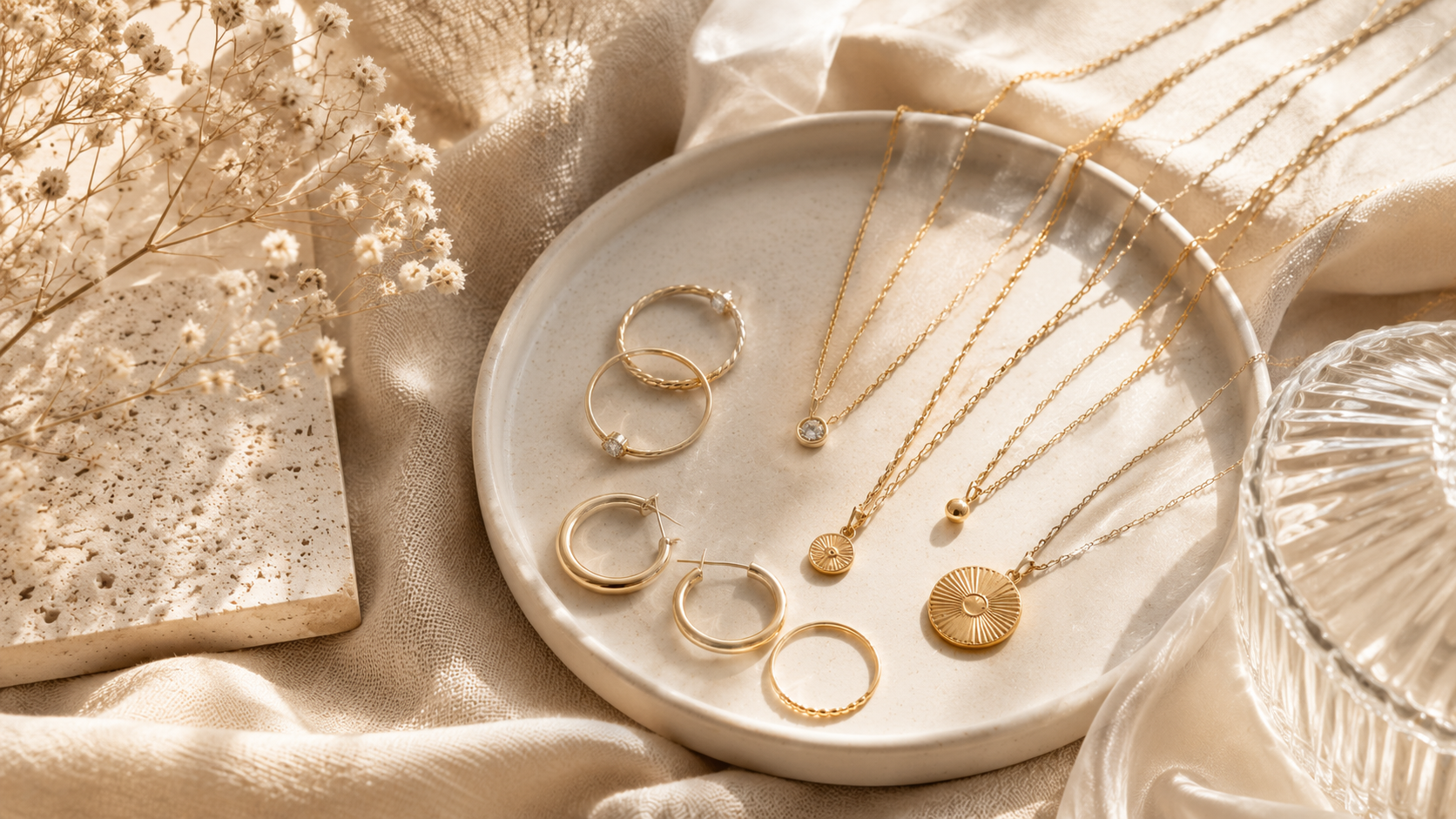 Minimalist gold jewelry including layered necklaces, rings, and hoop earrings arranged on a ceramic tray with soft beige fabric and warm natural sunlight.