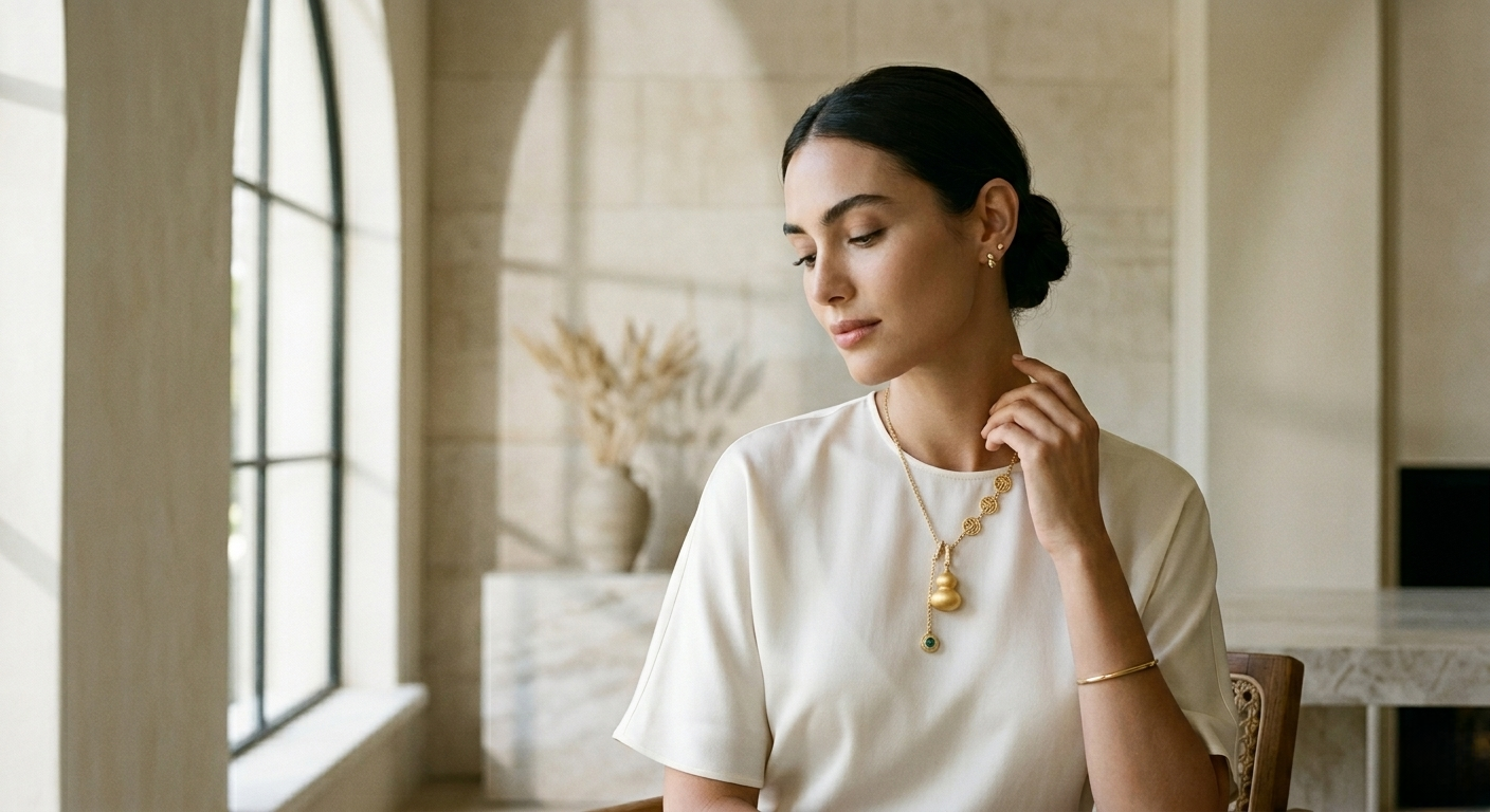 Woman wearing minimalist Eastern-inspired lotus necklace in a luxury lifestyle setting