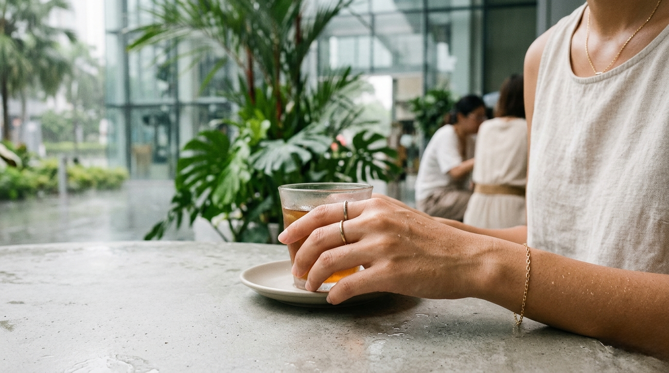 A close-up view of minimalist jewelry being worn in a humid, tropical urban environment, showing a natural and comfortable daily wear style.