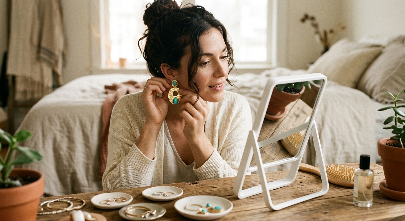 Woman adjusting statement earrings while getting ready, natural everyday moment, simple lifestyle jewelry context