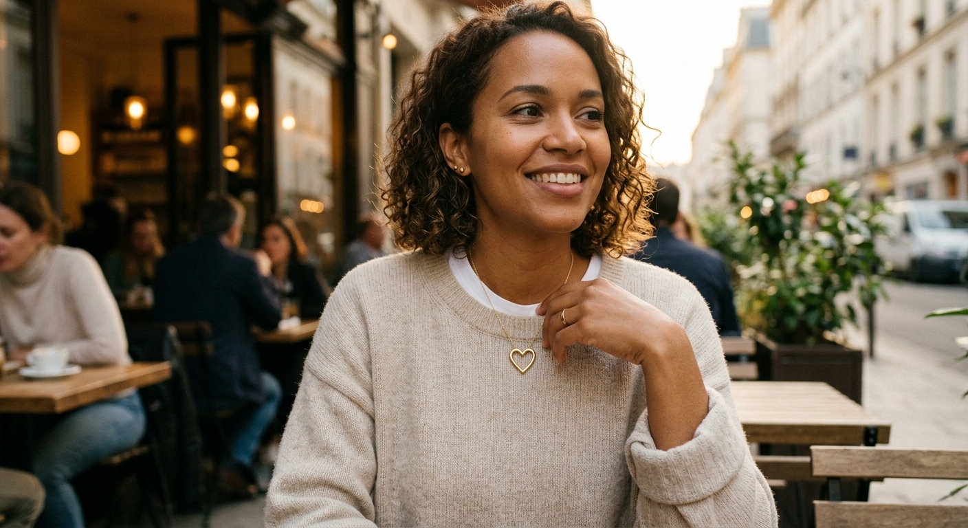Woman wearing heart necklace jewelry symbolizing love, emotional connection, and meaningful everyday style