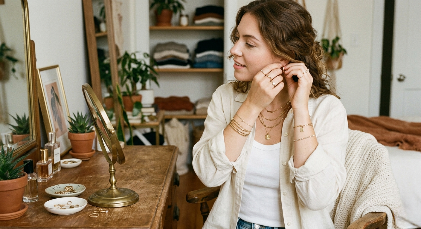woman wearing layered minimalist jewelry while getting ready, everyday jewelry brands and daily wear styling inspiration