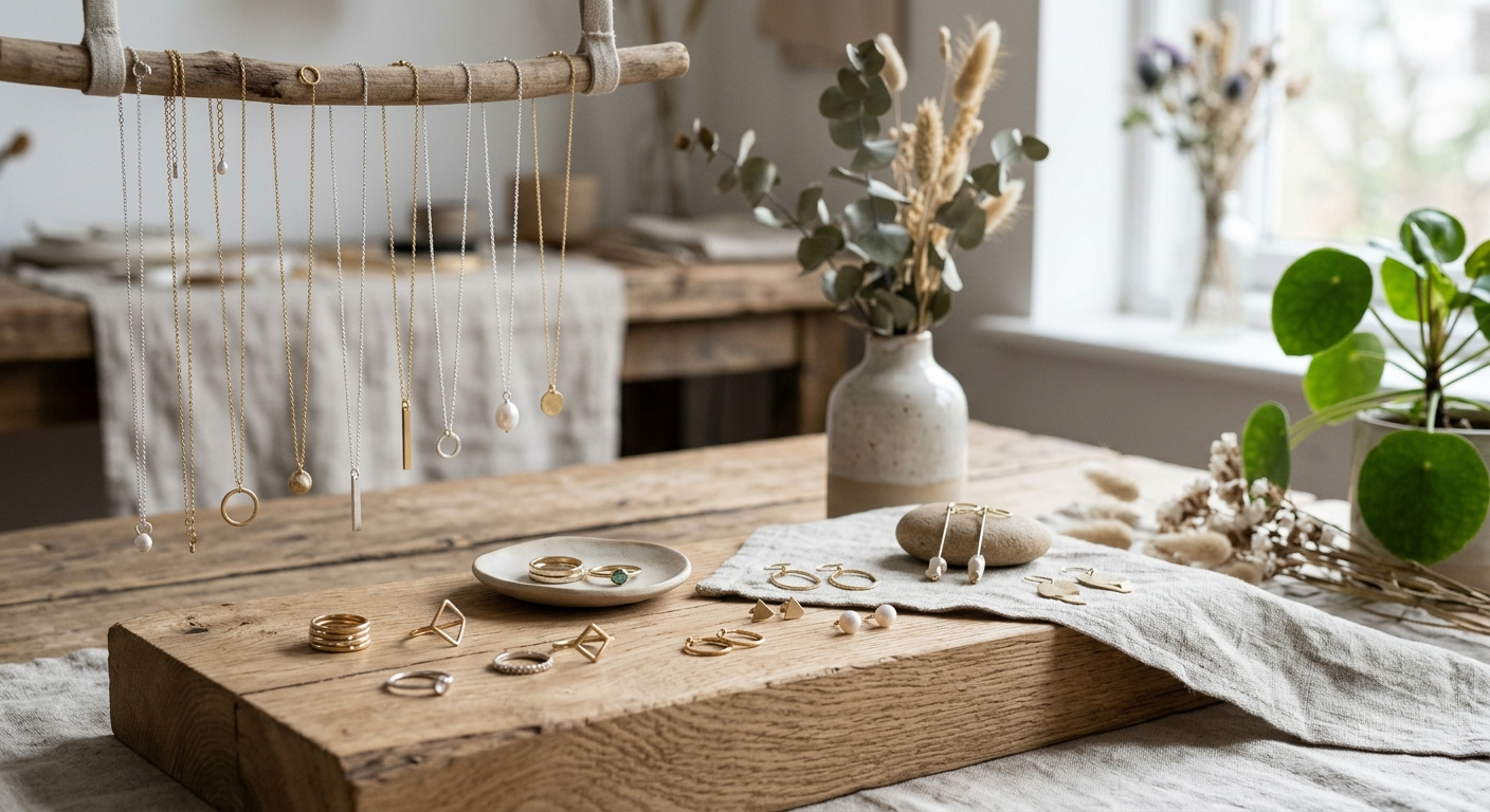 Sustainable jewelry collection with minimalist necklaces, rings, and earrings arranged in a natural modern setting