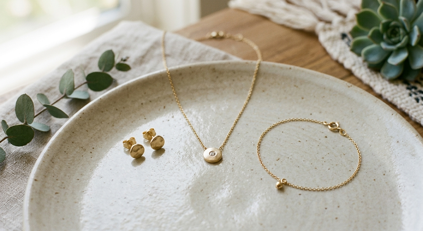 Minimal ethical jewelry pieces including necklace, earrings, and bracelet representing responsible everyday jewelry choices