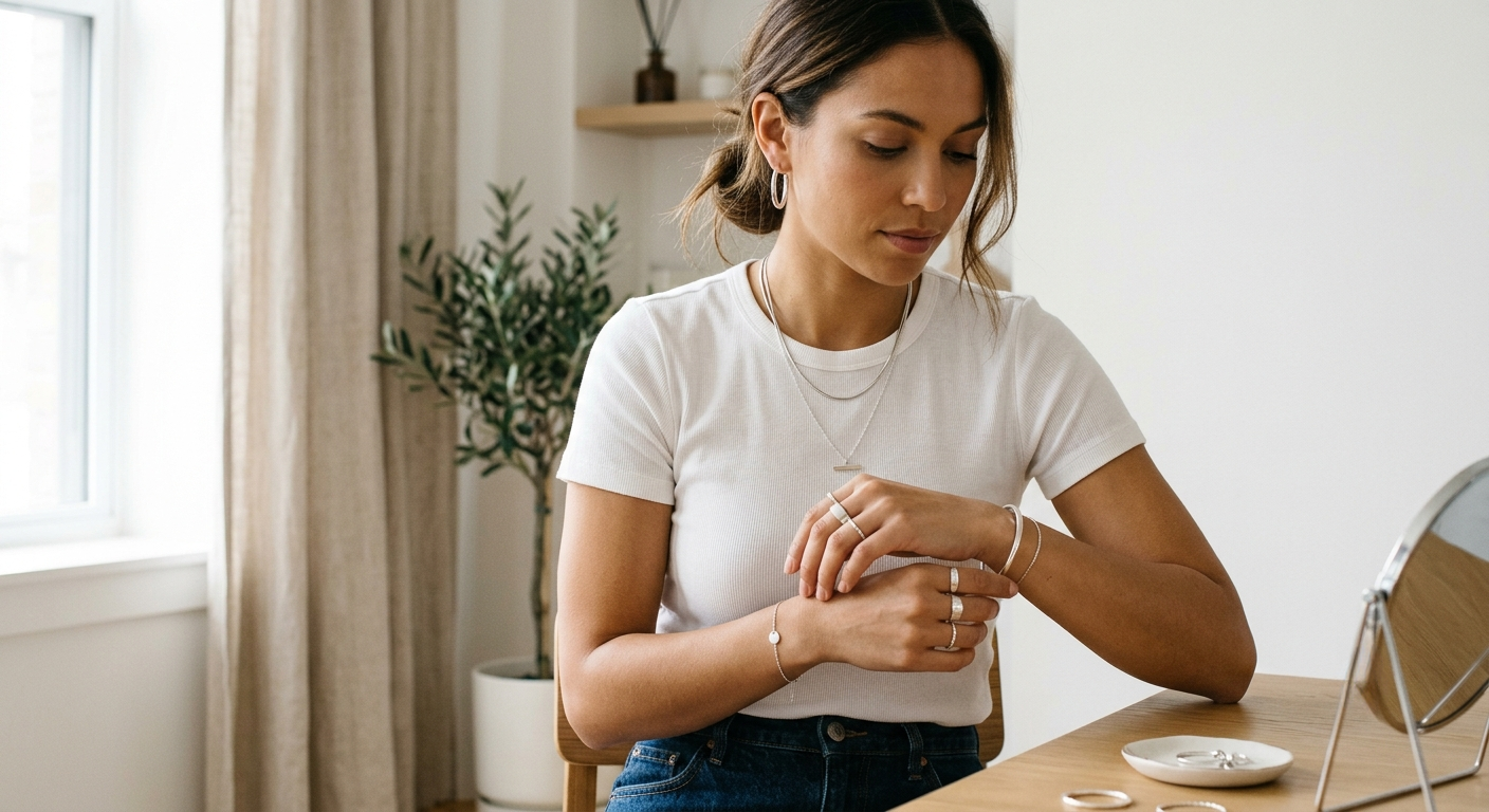 Woman styling modern silver-tone jewelry with necklace, earrings, rings, and bracelet for minimalist everyday outfits