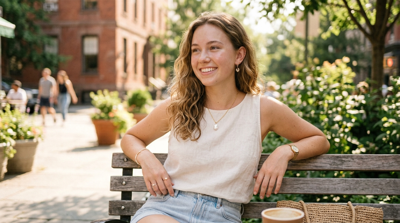 Woman wearing modern pearl jewelry styled for everyday fashion, minimalist aesthetic, soft natural lighting, contemporary look