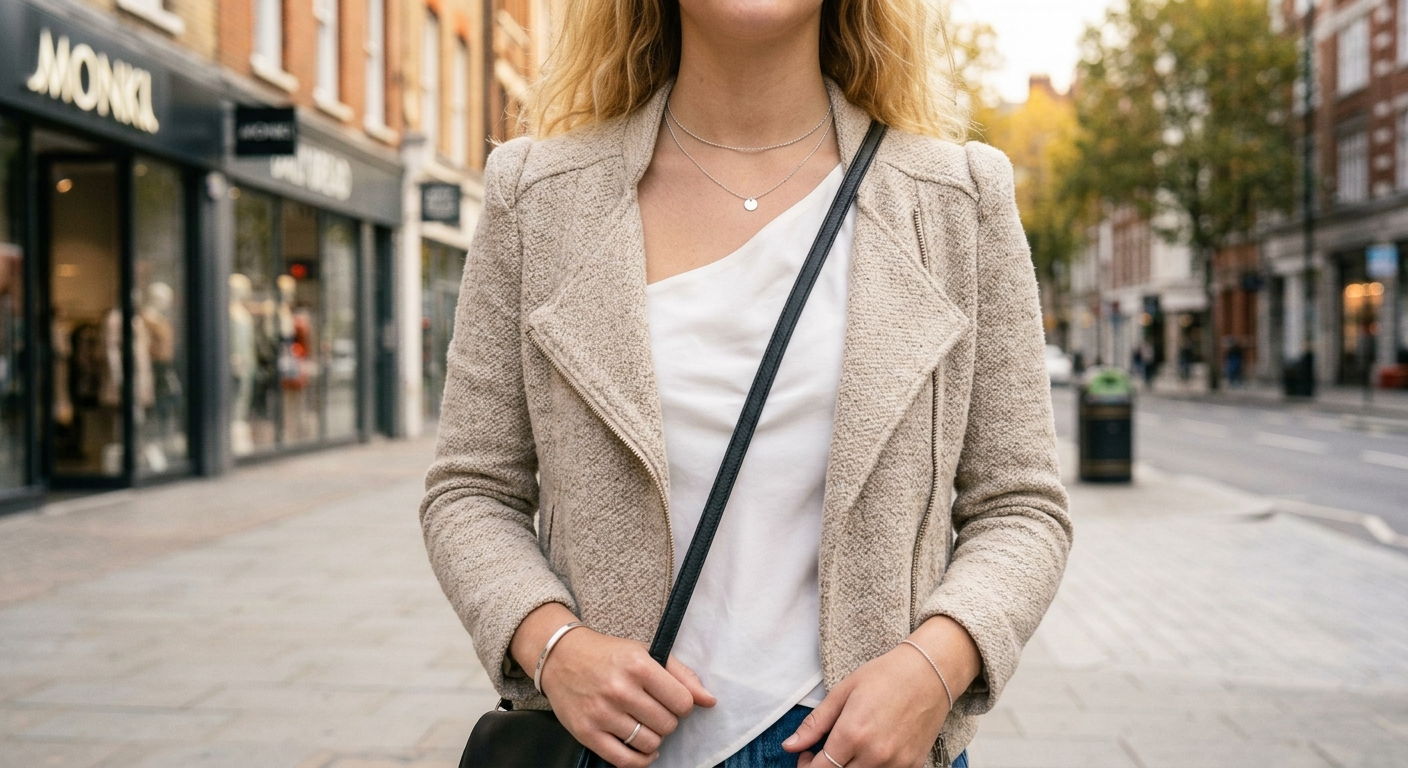 Woman wearing modern silver-tone jewelry styled in minimal everyday fashion, soft natural lighting, contemporary street style aesthetic