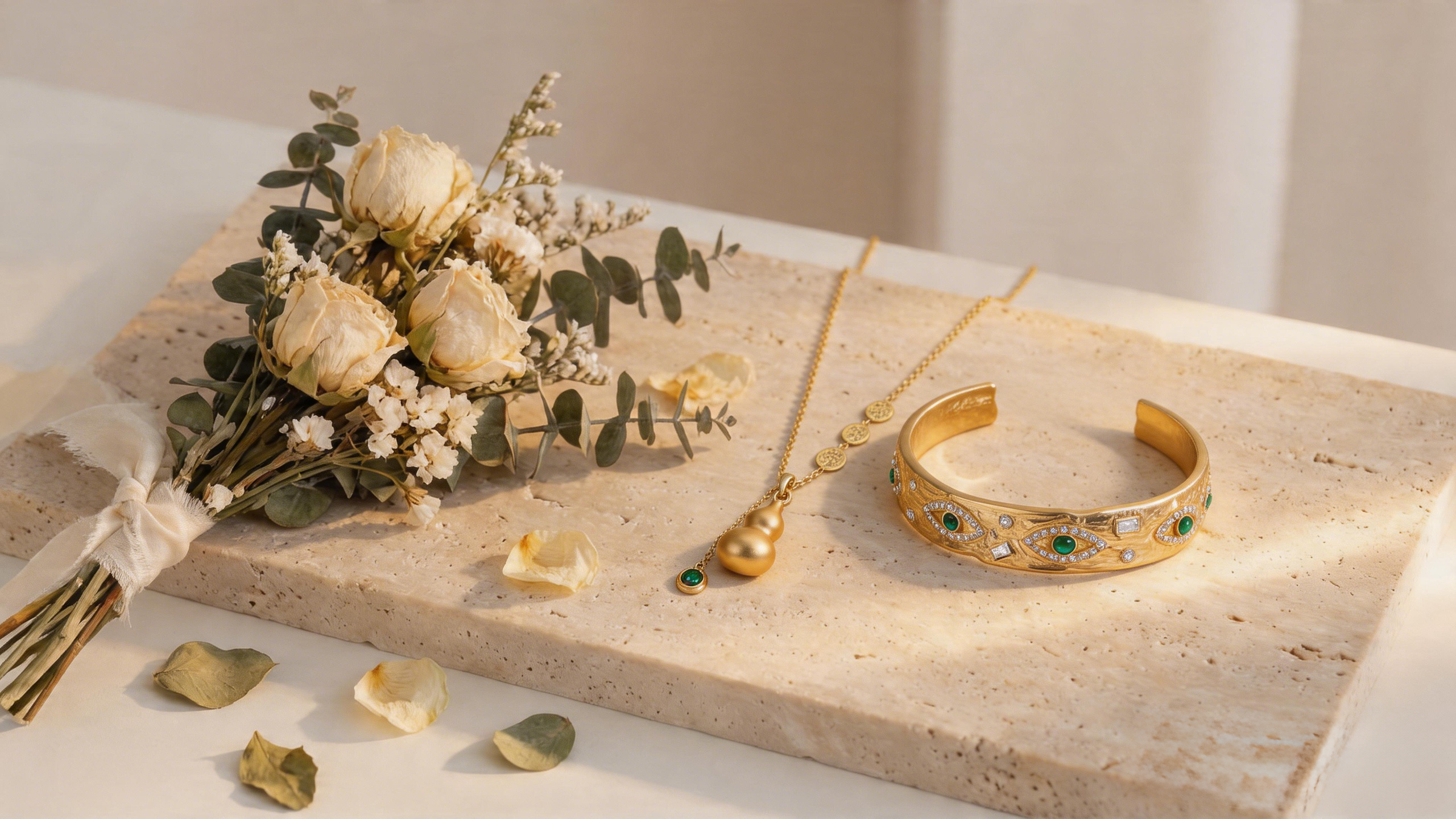 Gold-plated stainless steel jewelry next to flowers for Mother's Day gift idea