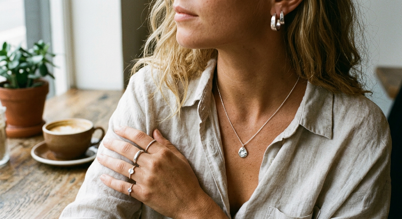 Modern silver-tone jewelry including necklace, earrings, and rings styled for everyday minimalist fashion with natural elegance