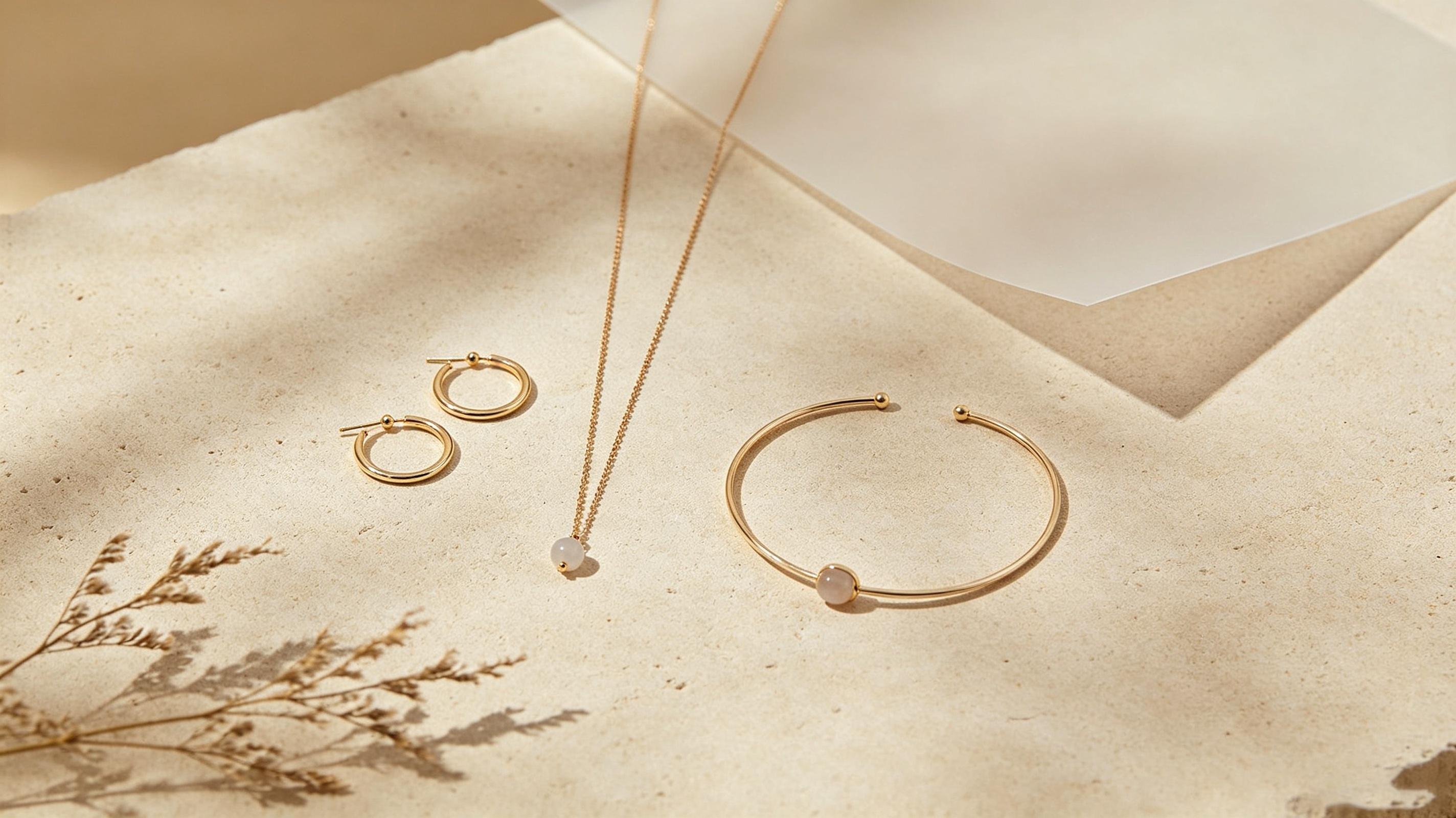 Minimal ethical jewelry collection with necklace, earrings, and bracelet representing responsible jewelry practices