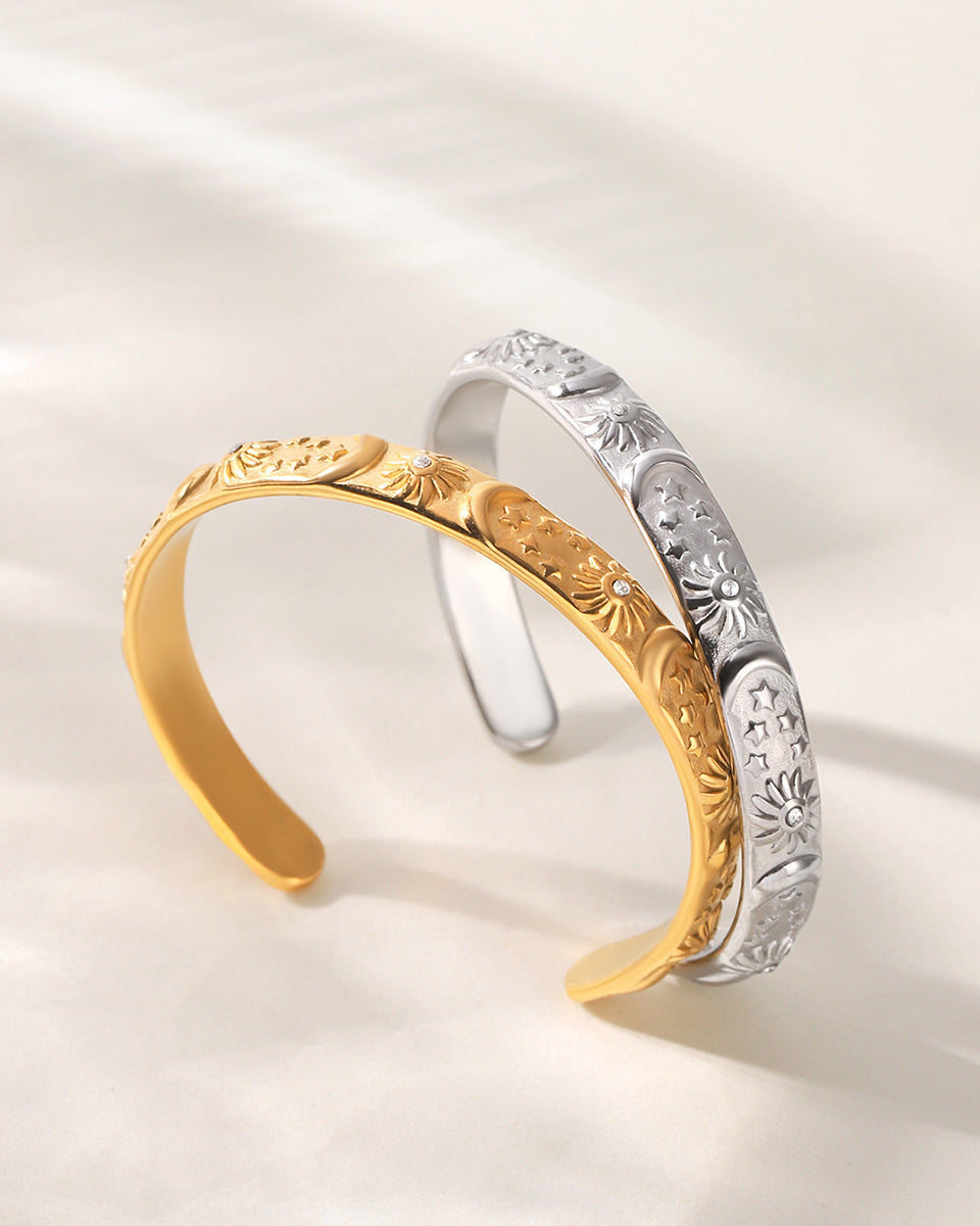 Vintage Sun & Moon Silver Open Bangle