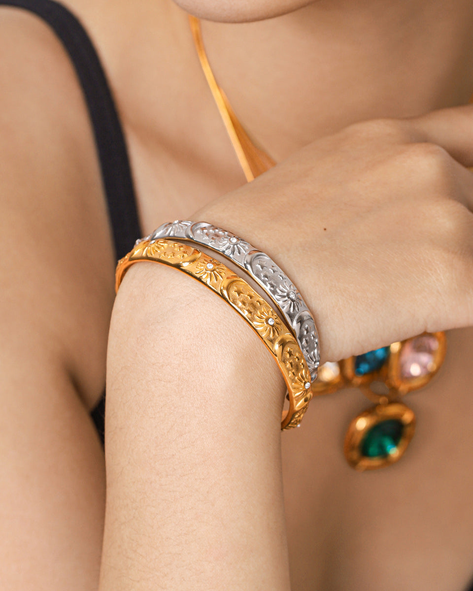 Vintage Sun & Moon Silver Open Bangle