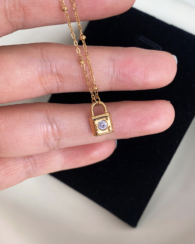Zircon Lock Pendant Stainless Steel Necklace