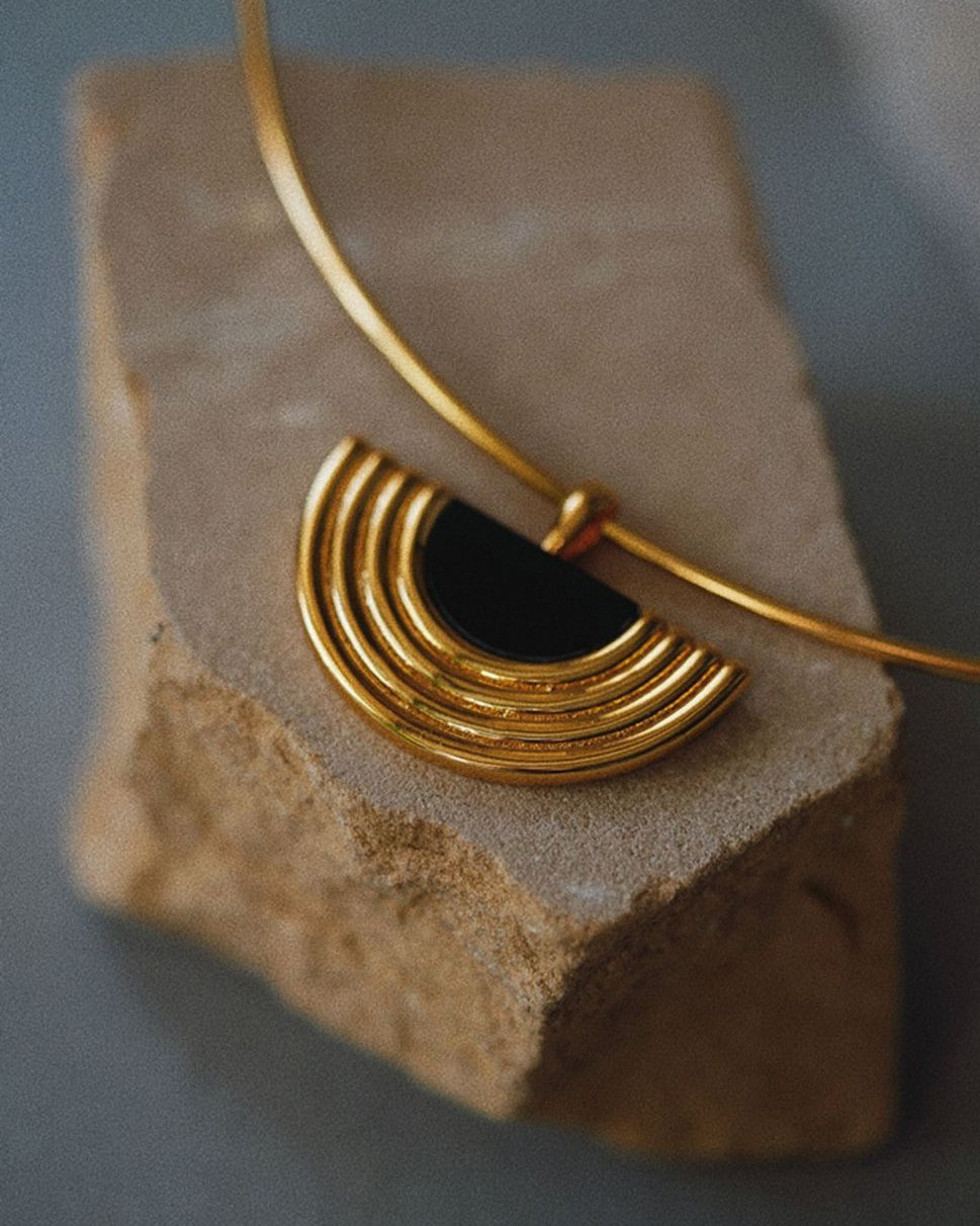 Sculptural Black Agate & Gold Choker Necklace