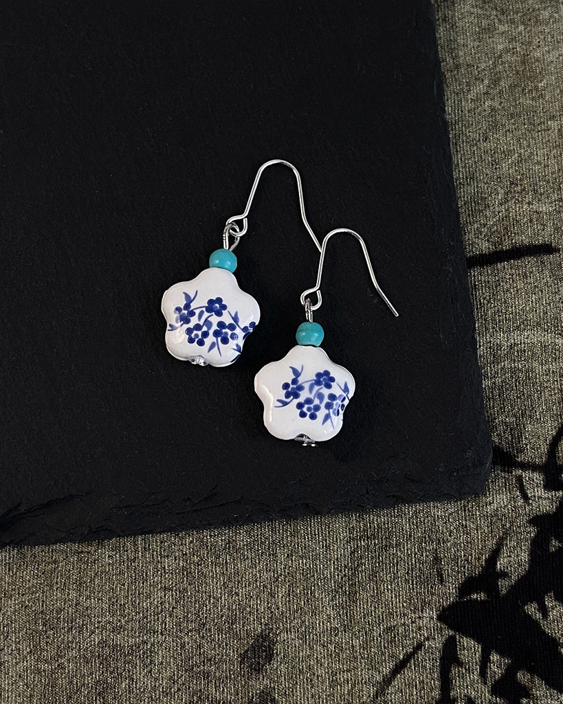 Blue & White Hand-Painted Floral Earrings