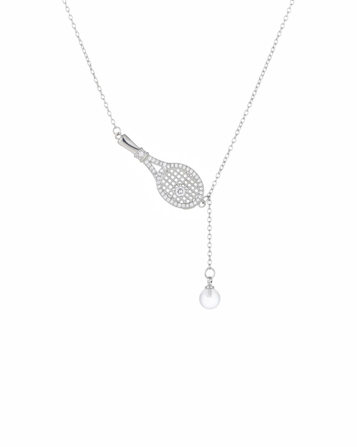 Silver Y-necklace featuring a pave cubic zirconia tennis racket charm with a floating clear quartz crystal drop on a white background