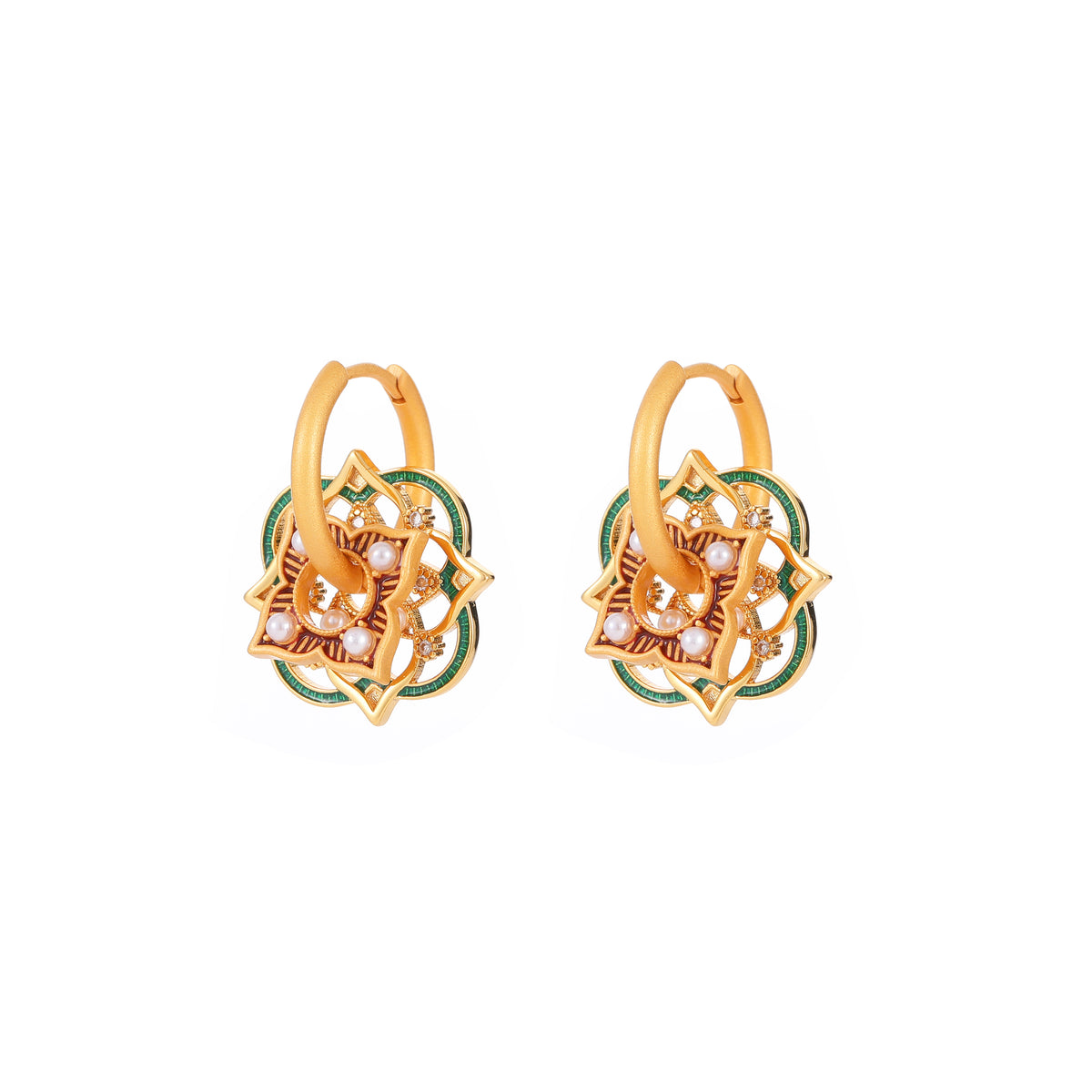 Oriental Flower Pearl Hoop Earrings