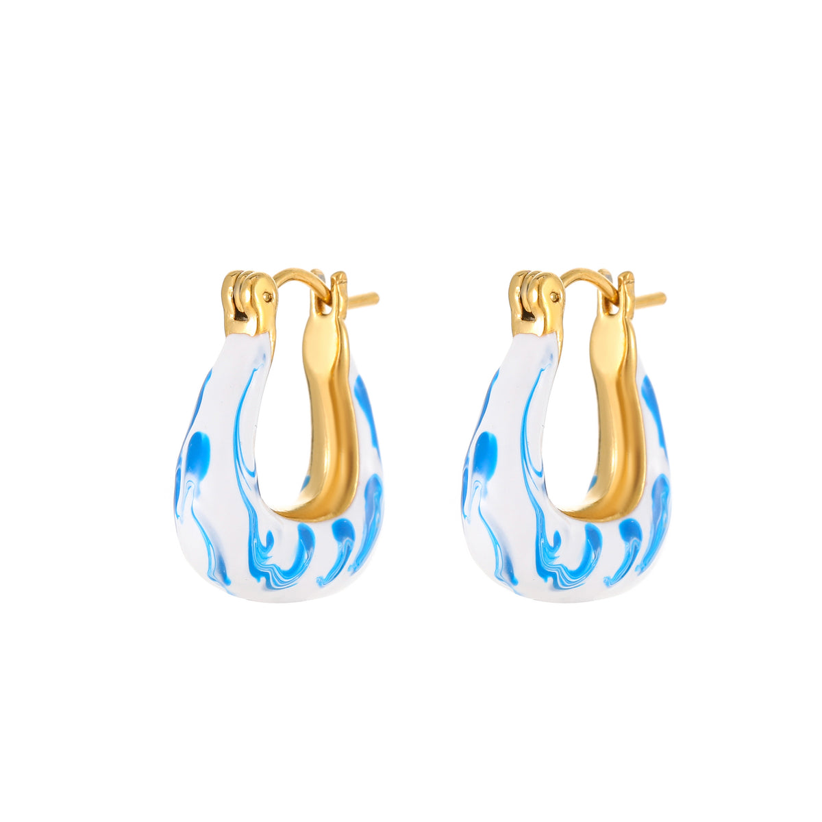 Ink & Azure Flow: U-Shaped Porcelain Earrings