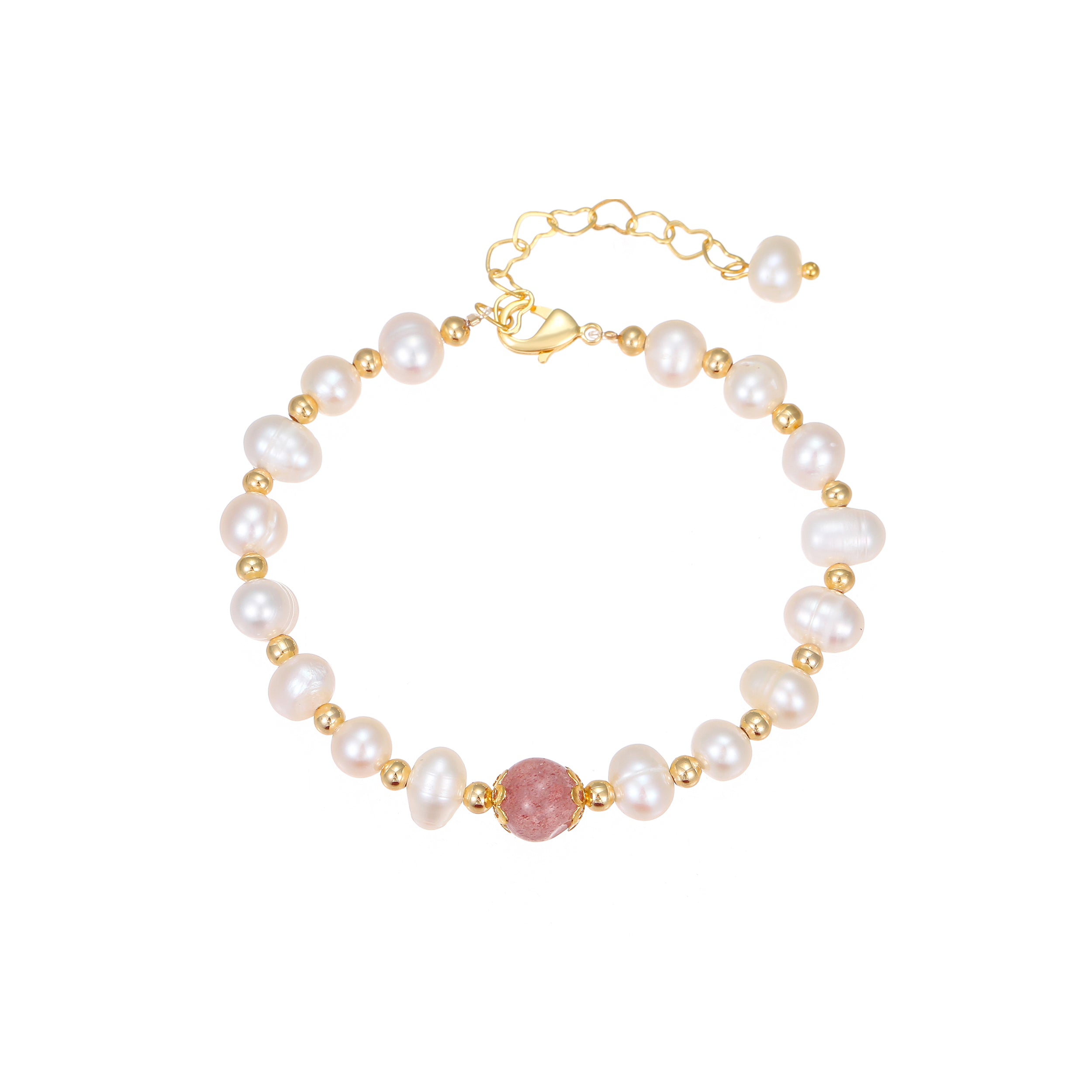 YUHE Minimal Strawberry Quartz & Baroque Pearl Bracelet