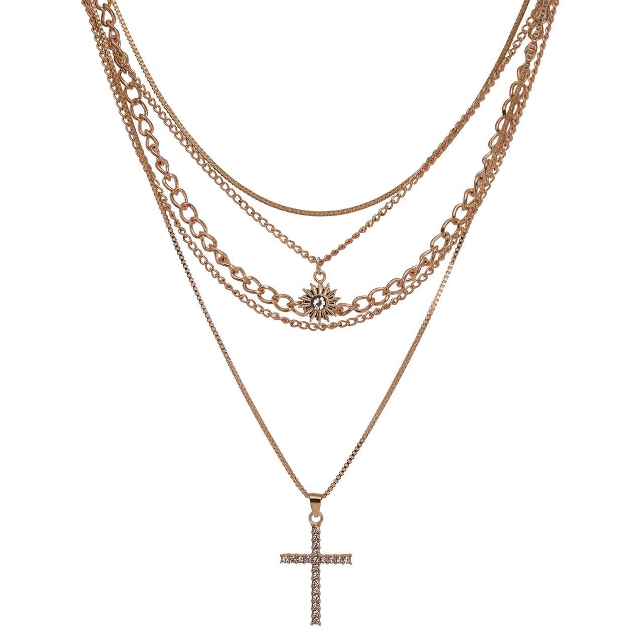 Cross Pendant Zircon Necklace Stacking Sun-shaped Clavicle Chain Good Luck Necklace
