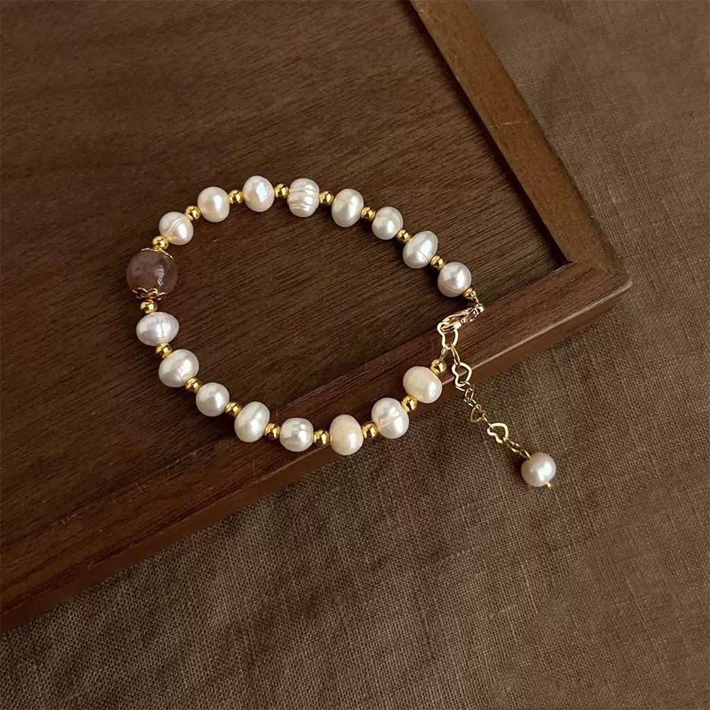 YUHE Minimal Strawberry Quartz & Baroque Pearl Bracelet