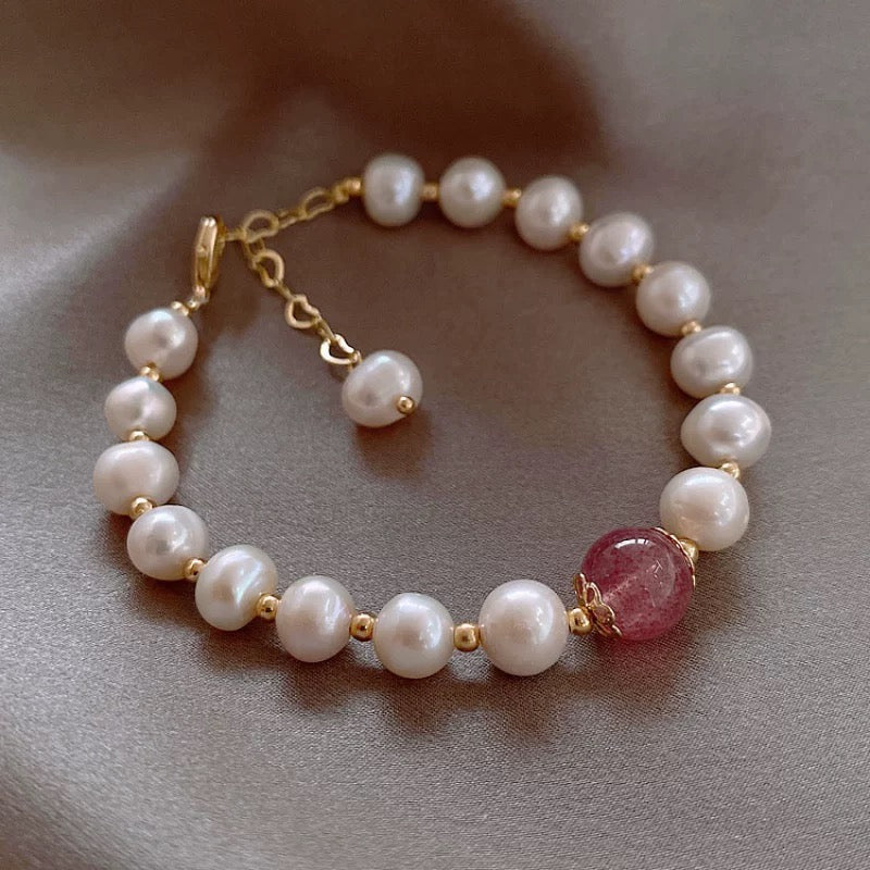 YUHE Minimal Strawberry Quartz & Baroque Pearl Bracelet