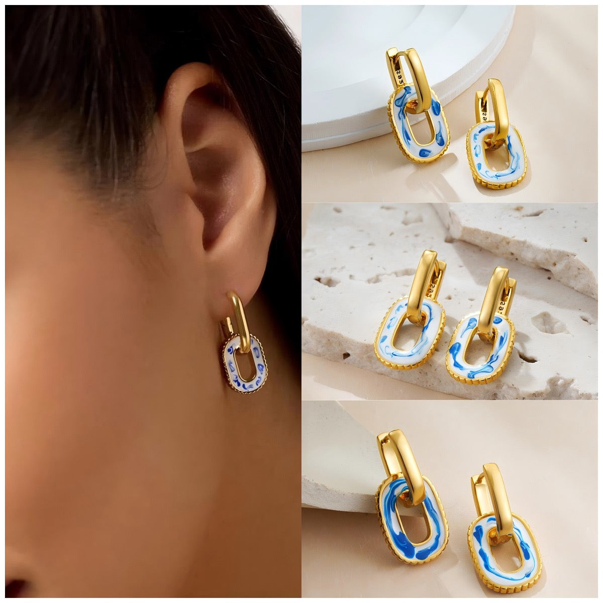 YUHE Ethnic Blue-and-White Porcelain Double Hoop Earrings