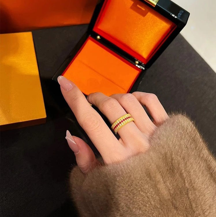 YUHE Vintage Ruby Triple Row Pavé Ring