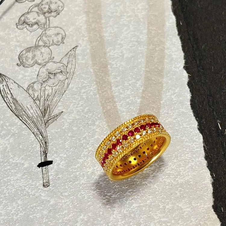 YUHE Vintage Ruby Triple Row Pavé Ring