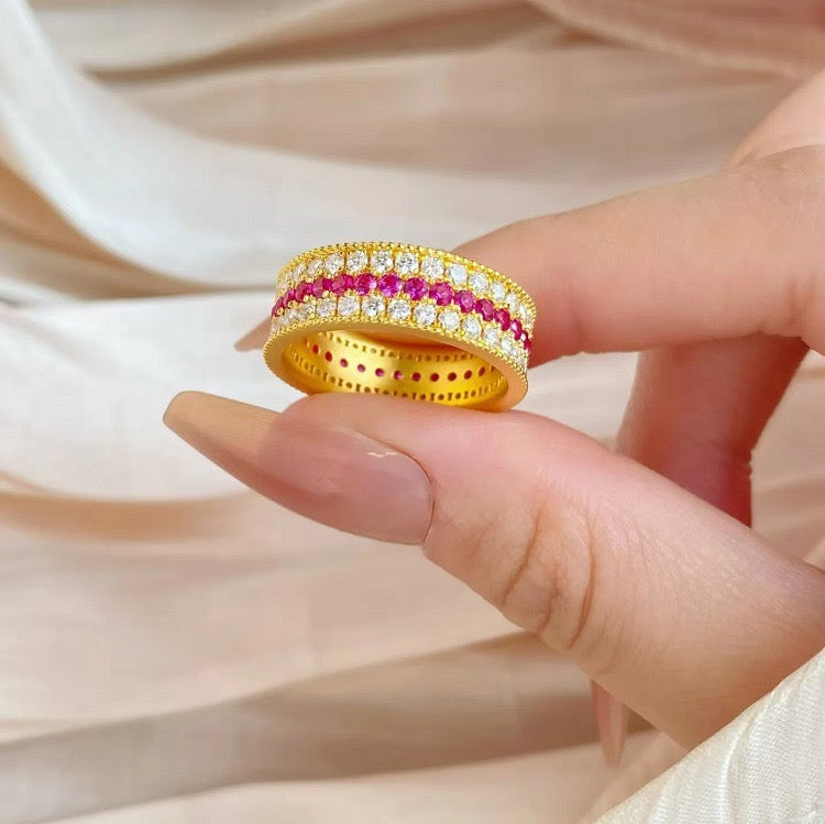 YUHE Vintage Ruby Triple Row Pavé Ring