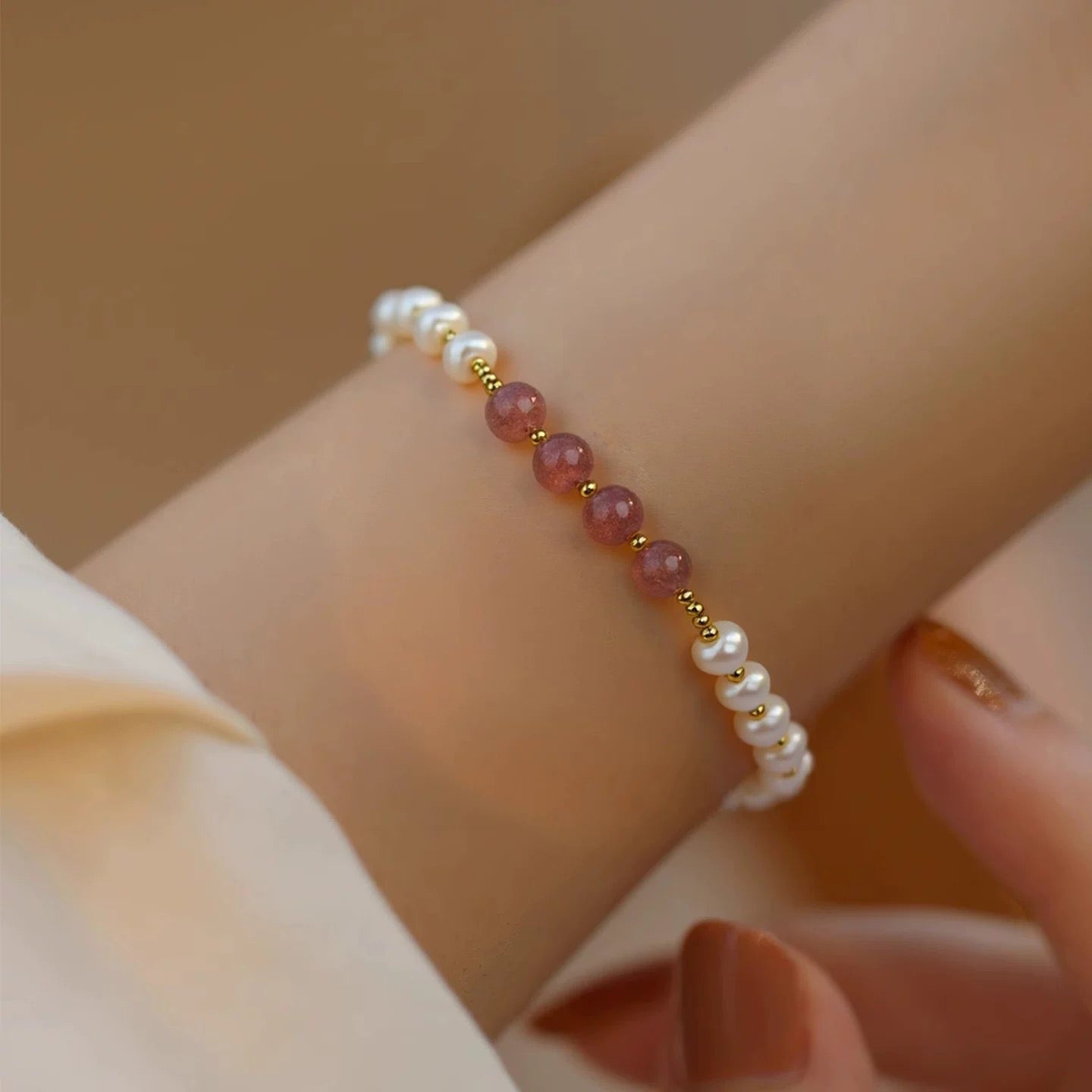 YUHE Baroque Pearl & Strawberry Quartz Elegant Bracelet