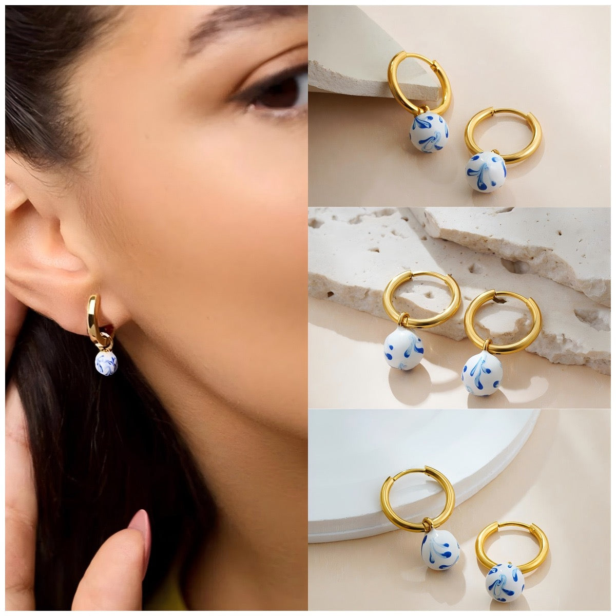 YUHE Ethnic Blue-and-White Porcelain Enamel Earrings
