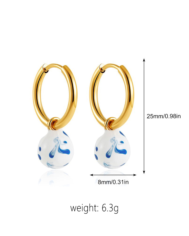 Ink & Azure Flow: Round Porcelain Drop Earrings