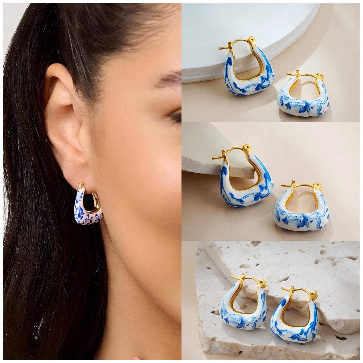 YUHE Ethnic Blue-and-White Porcelain U-Shaped Earrings