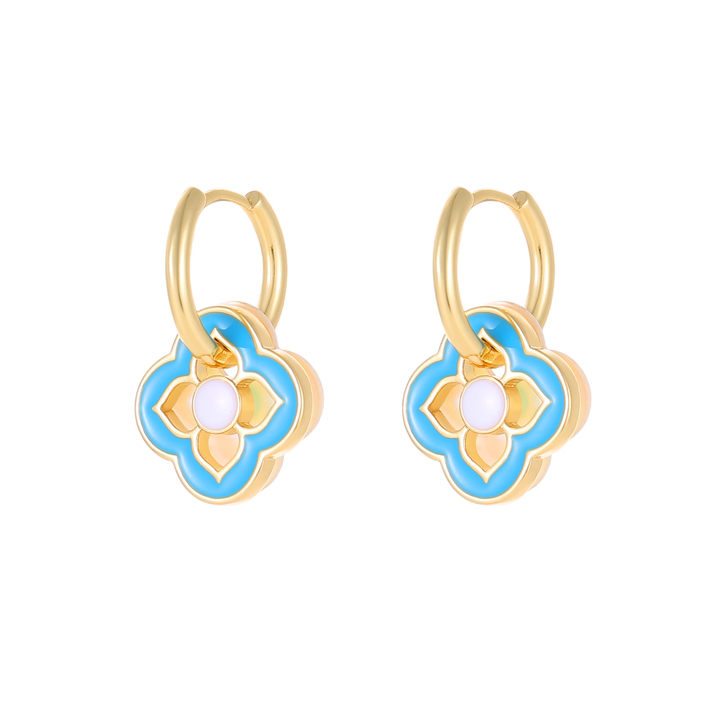 New Chinese style Drip Glaze Enamel Baby Blue Earrings Mother Of Pearl Four-leaf Clover Earrings Retro Simple Jewelry