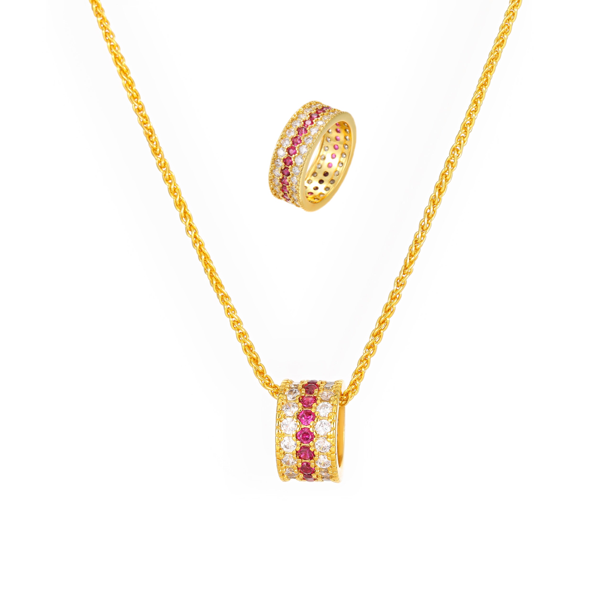 YUHE Luxury Vintage Ruby & Diamond Halo Jewelry Set | 2PCS