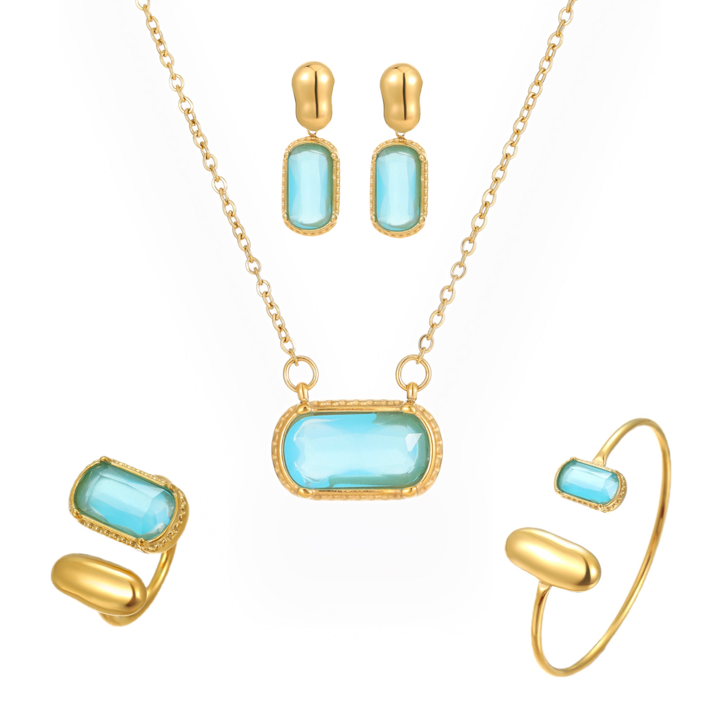 YUHE IG Fashion Blue Gold Zircon Geometric 4PCS Jewelry Set