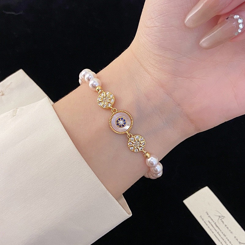 Natural Freshwater Pearl Bracelet Eight-pointed Star With Diamonds Sea Blue Bracelet High-end French Women's Bracelet