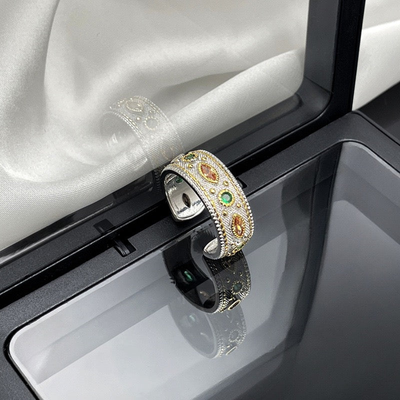 Exquisite Classical Ring Shining Zircon Ring Classic Palace Style Open Ring for Men and Women