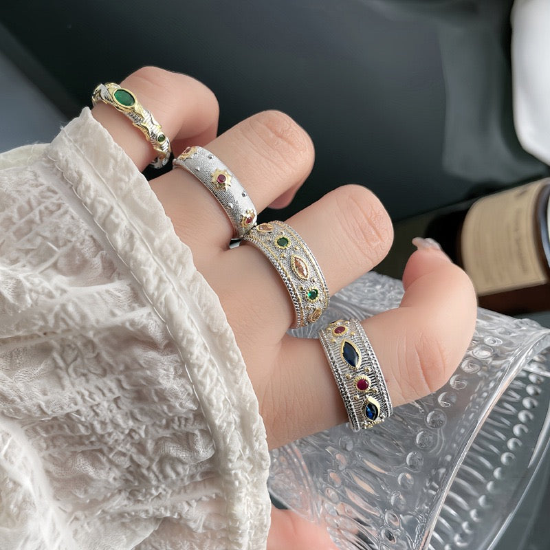 Vintage Emerald Zircon Ring Niche Luxury Women's Open Ring