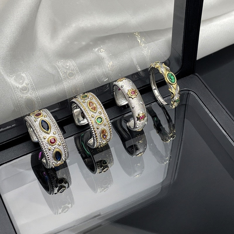 Exquisite Classical Ring Shining Zircon Ring Classic Palace Style Open Ring for Men and Women