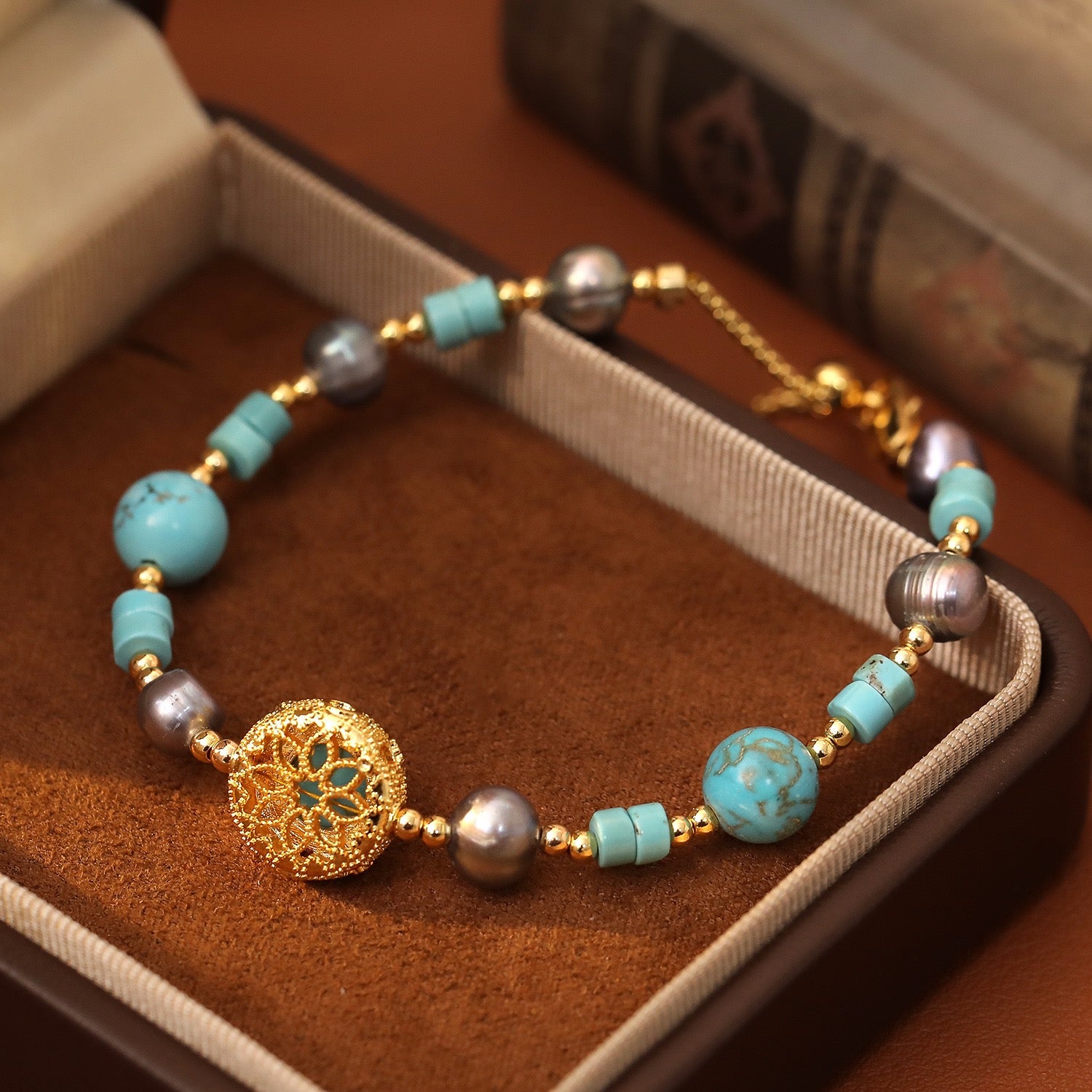Chinese Turquoise Retro Bracelet Natural Stone Flower Hollow Freshwater Pearl Bracelet Blessing Bracelet