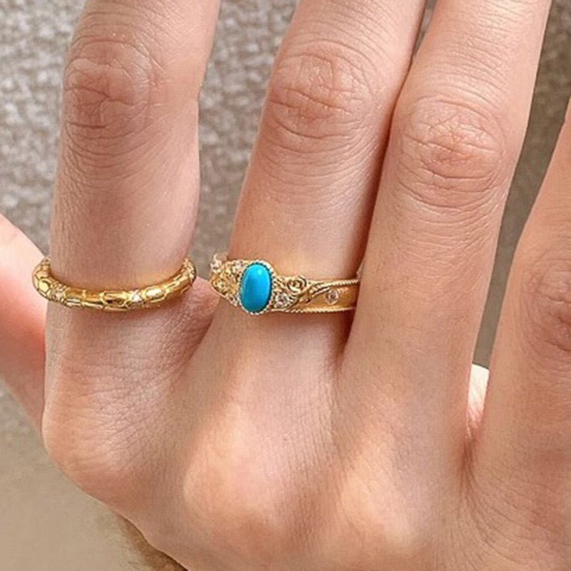 Flower Carved Blue Turquoise Ring Vintage Natural Stone Women's Ring Opening Adjustable