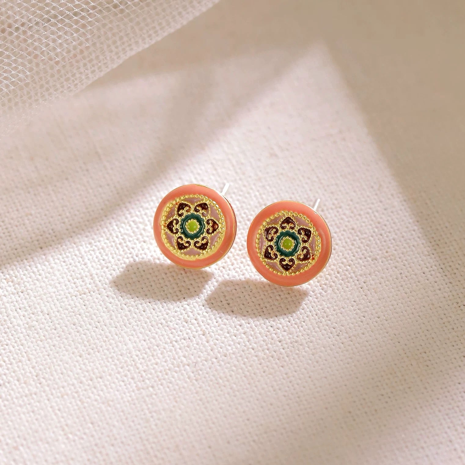 Oriental Style Gold Stud Earrings – Colorful Glazed Earrings for Women