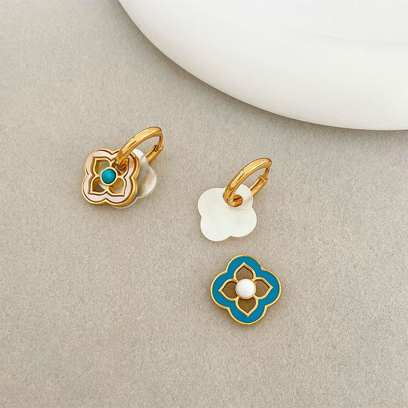 New Chinese style Drip Glaze Enamel Baby Blue Earrings Mother Of Pearl Four-leaf Clover Earrings Retro Simple Jewelry