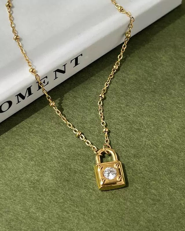 Zircon Lock Pendant Stainless Steel Necklace