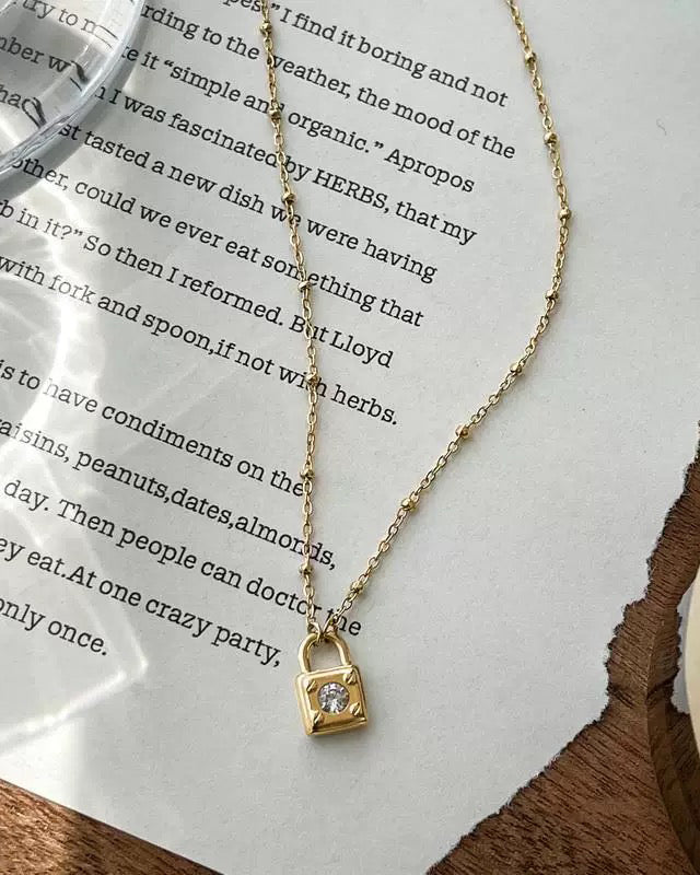 Zircon Lock Pendant Stainless Steel Necklace