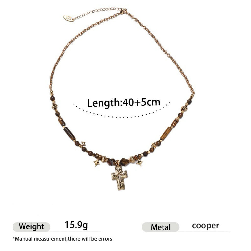 Retro High-end Natural Tiger Eye Stone Beaded Necklace Exquisite Cross Pendant Necklace