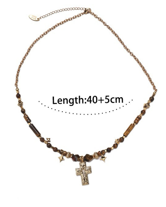 Tiger Eye Beaded Necklace with Cross Pendant
