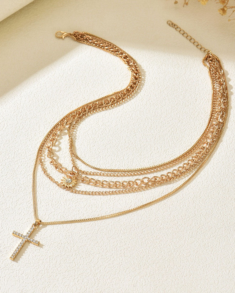 Layered Sun and Cross Zircon Necklace Set